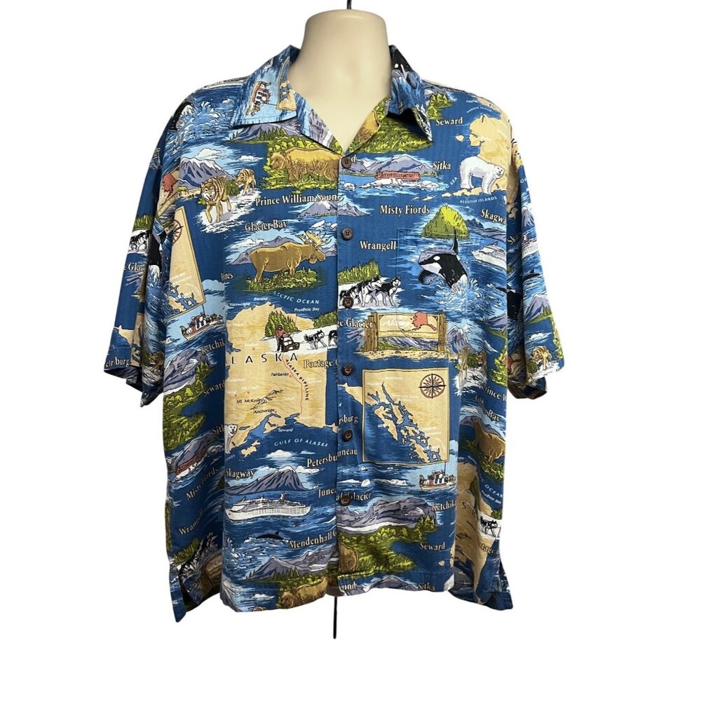 David Carey Men Vintage Blue Hawaiian Nautical Button Up Shirt 2XL Pocket Alaska